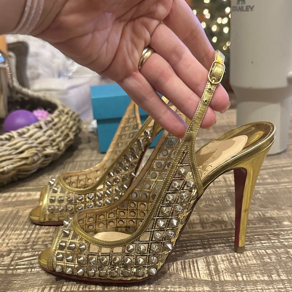 Christian Louboutin Metallic Gold Studded Slingback Heels